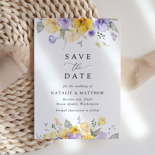 Purple Flowers, Yellow Flowers, Greenery, Wedding Save The Date