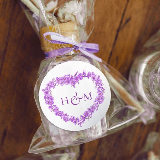 Purple forget me nots inked art wedding monogram runder aufkleber