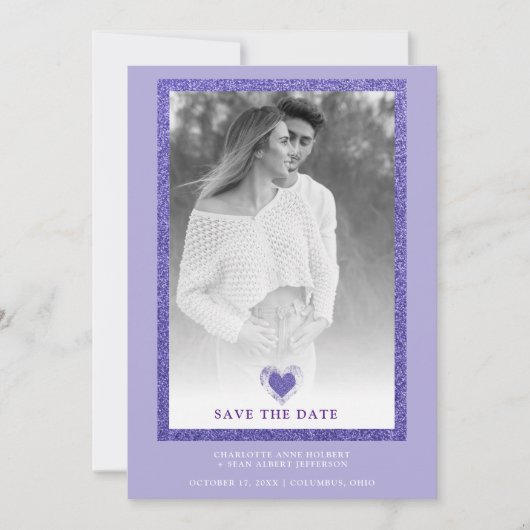 Purple Frame Sparkle Simple Photo Engaged Heart Save The Date (Vorderseite)