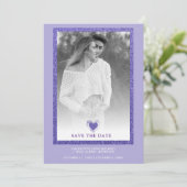 Purple Frame Sparkle Simple Photo Engaged Heart Save The Date (Stehend Vorderseite)