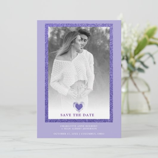 Purple Frame Sparkle Simple Photo Engaged Heart Save The Date (Stehend Vorderseite)