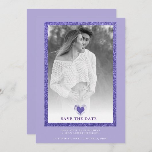 Purple Frame Sparkle Simple Photo Engaged Heart Save The Date (Vorne/Hinten)