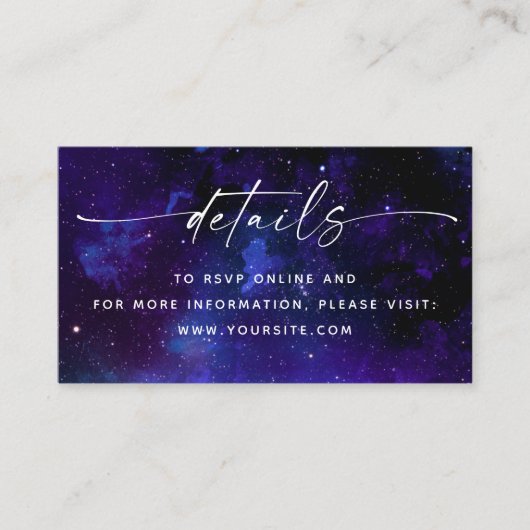 Purple Galaxy Wedding Details + QR Code. Celestial Begleitkarte (Vorderseite)