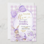 Purple Gingham Bow Bunny Tea Party Third Birthday Einladung (Vorderseite)