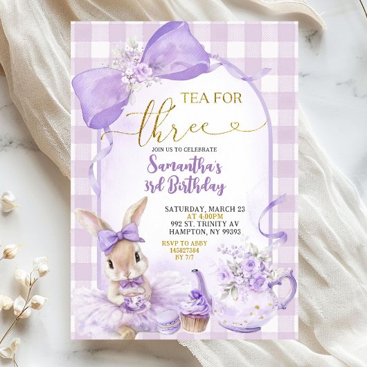 Purple Gingham Bow Bunny Tea Party Third Birthday Einladung