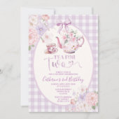 Purple Gingham Floral Tea For Two 2nd Birthday Einladung (Vorderseite)
