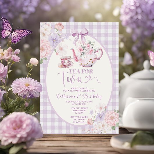 Purple Gingham Floral Tea For Two 2nd Birthday Einladung