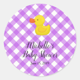 Purple Gingham Rubber Duckie Baby Shower Runder Aufkleber
