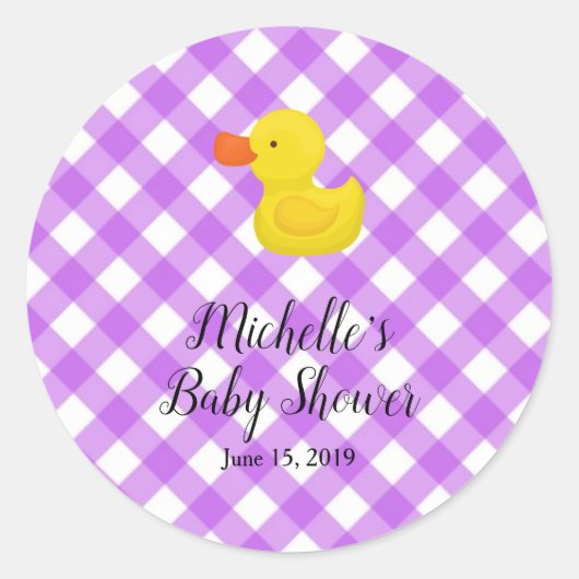 Purple Gingham Rubber Duckie Baby Shower Runder Aufkleber (Vorderseite)