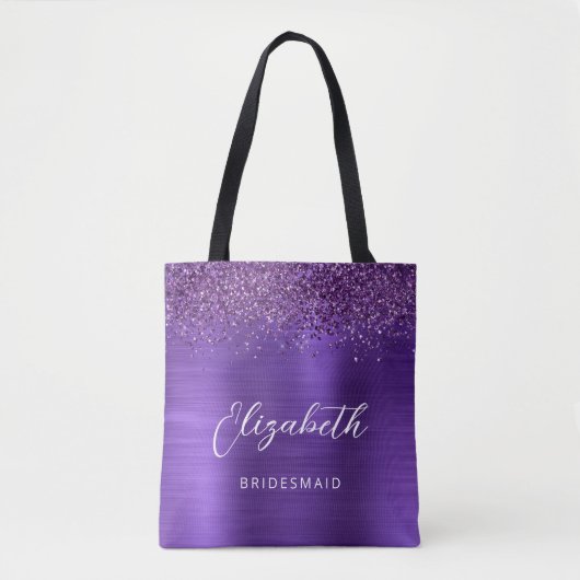 Purple Glam Metallic Modern Script Bridesmaid Tasche (Vorderseite)