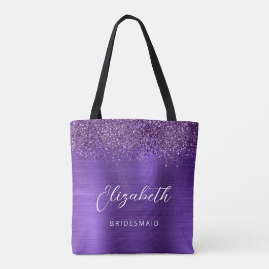 Purple Glam Metallic Modern Script Bridesmaid Tasche (Rückseite)
