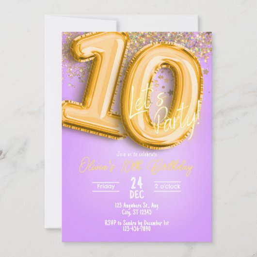 Purple Glitter 10th Birthday Invitation Einladung (Vorderseite)