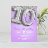 Purple Glitter 10th Birthday Invitation Einladung (Stehend Vorderseite)
