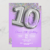 Purple Glitter 10th Birthday Invitation Einladung (Vorne/Hinten)