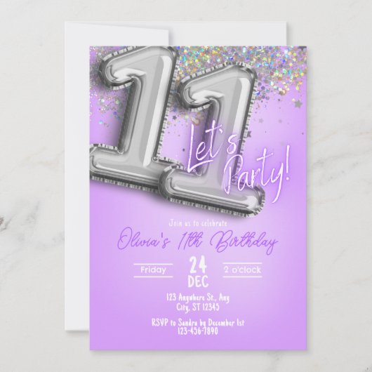 Purple Glitter 11th Birthday Invitation Einladung (Vorderseite)
