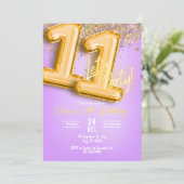 Purple Glitter 11th Birthday Invitation Einladung (Stehend Vorderseite)