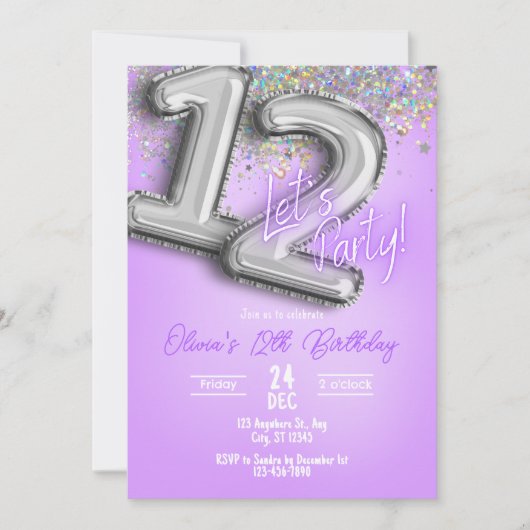 Purple Glitter 12th Birthday Invitation Einladung (Vorderseite)