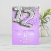 Purple Glitter 12th Birthday Invitation Einladung (Stehend Vorderseite)