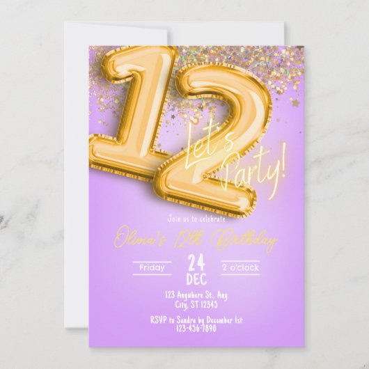 Purple Glitter 12th Birthday Invitation Einladung (Vorderseite)