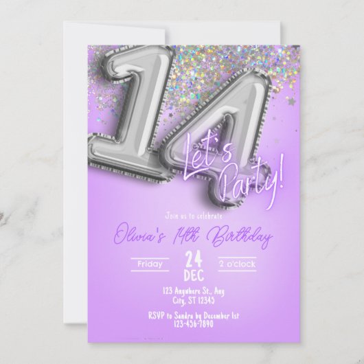 Purple Glitter 14th Birthday Invitation Einladung (Vorderseite)