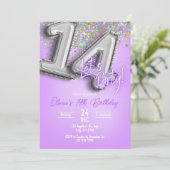 Purple Glitter 14th Birthday Invitation Einladung (Stehend Vorderseite)