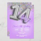 Purple Glitter 14th Birthday Invitation Einladung (Vorne/Hinten)