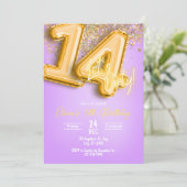 Purple Glitter 14th Birthday Invitation Einladung (Stehend Vorderseite)