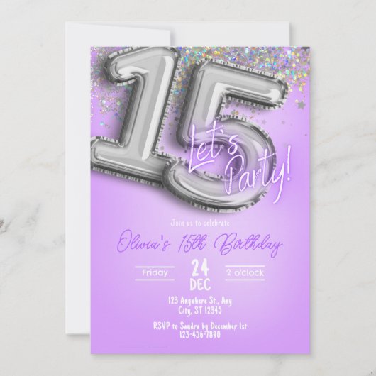 Purple Glitter 15th Birthday Invitation Einladung (Vorderseite)