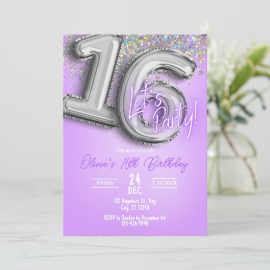 Purple Glitter 16th Birthday Invitation Einladung (Stehend Vorderseite)