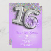 Purple Glitter 16th Birthday Invitation Einladung (Vorne/Hinten)