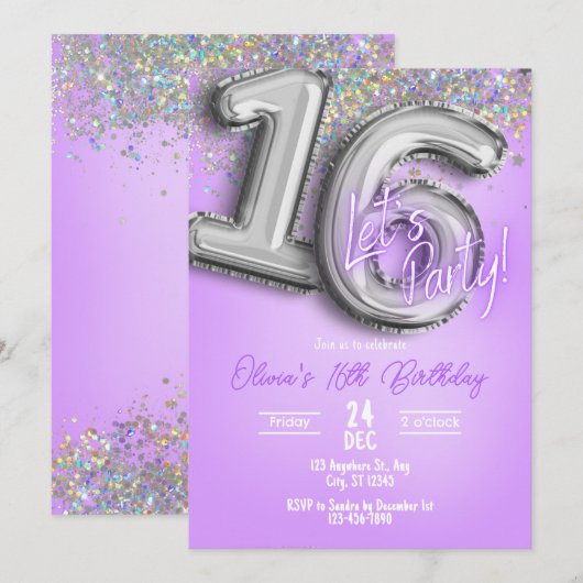 Purple Glitter 16th Birthday Invitation Einladung (Vorne/Hinten)