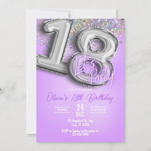 Purple Glitter 18th Birthday Invitation Einladung (Vorderseite)