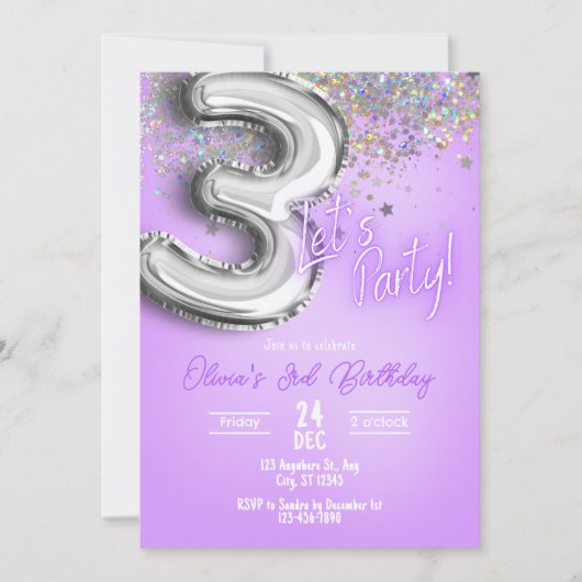 Purple Glitter 3rd Birthday Invitation Einladung (Vorderseite)