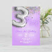Purple Glitter 3rd Birthday Invitation Einladung (Stehend Vorderseite)