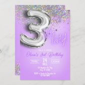Purple Glitter 3rd Birthday Invitation Einladung (Vorne/Hinten)