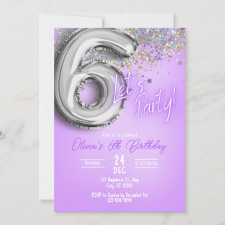 Purple Glitter 6th Birthday Invitation Einladung