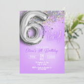 Purple Glitter 6th Birthday Invitation Einladung (Stehend Vorderseite)
