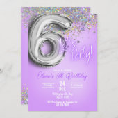 Purple Glitter 6th Birthday Invitation Einladung (Vorne/Hinten)