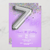 Purple Glitter 7th Birthday Invitation Einladung (Vorne/Hinten)