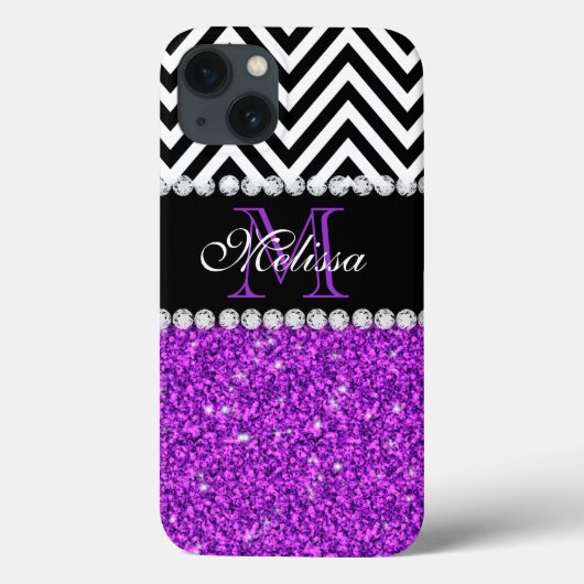 PURPLE GLITTER BLACK CHEVRON MONOGRAMMED Case-Mate iPhone HÜLLE (Rückseite)