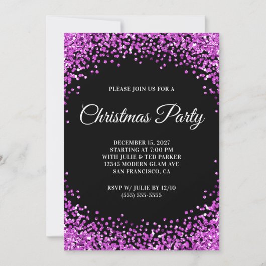 Purple Glitter Border Black Christmas Party Einladung (Vorderseite)
