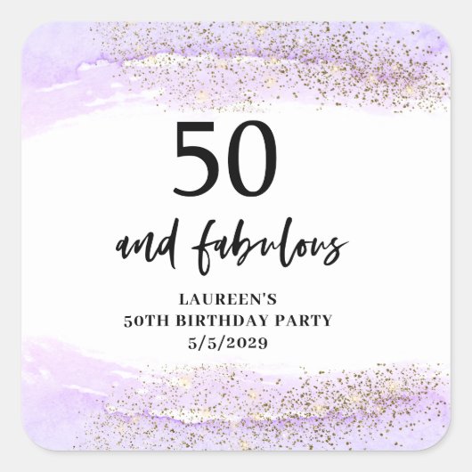 Purple Glitter Purple 50th Birthday Party  Quadratischer Aufkleber (Vorderseite)