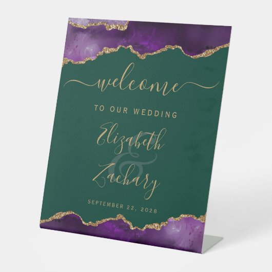 Purple Gold Agate Emerald Green Wedding Welcome Sockelschild (Vorderseite)