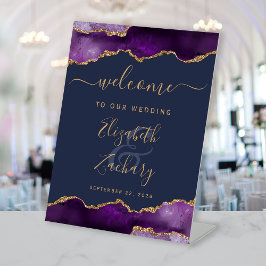 Purple Gold Agate Navy Blue Wedding Welcome Sockelschild