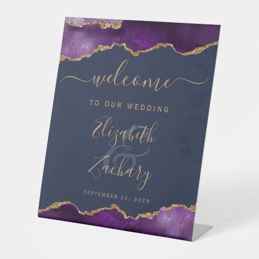 Purple Gold Agate Navy Blue Wedding Welcome Sockelschild (Vorderseite)
