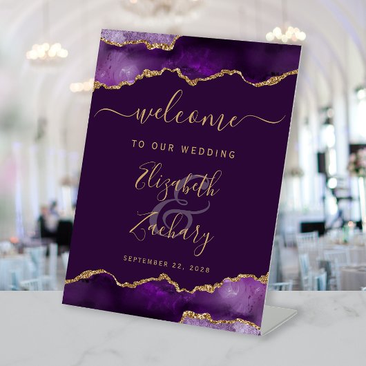Purple Gold Agate Plum Wedding Welcome Sockelschild