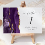 Purple Gold Agate Wedding Tischnummer<br><div class="desc">The left-hand edge of this elegant modern wedding table number card features a purple watercolor agate border trimmed with faux gold glitter. The customizable text combines charcoal gray handwriting,  italic and copperplate fonts on a white background.</div>