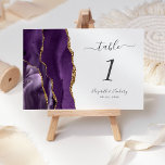 Purple Gold Agate Wedding Tischnummer<br><div class="desc">The left-hand edge of this elegant modern wedding table number card features a purple watercolor agate border trimmed with faux gold glitter. The customizable text combines charcoal gray handwriting,  italic and copperplate fonts on a white background.</div>