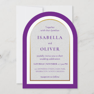 Purple gold and white simplistic wedding einladung