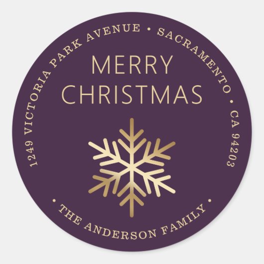 Purple Gold Christmas Snowflake Return Address Runder Aufkleber (Vorderseite)